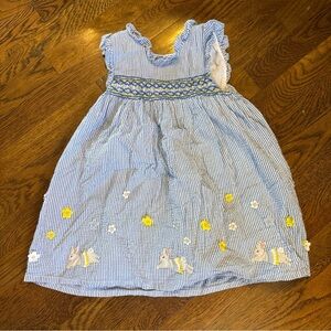 Mini Boden Blue Seersucker Bunny Embroidered Kids Dress
